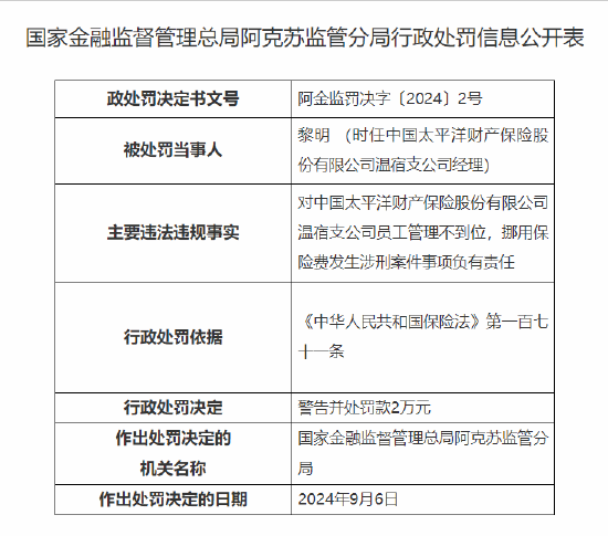 太平洋产险温宿支公司被罚6万元：员工管理不到位 挪用保险费发生涉刑案件