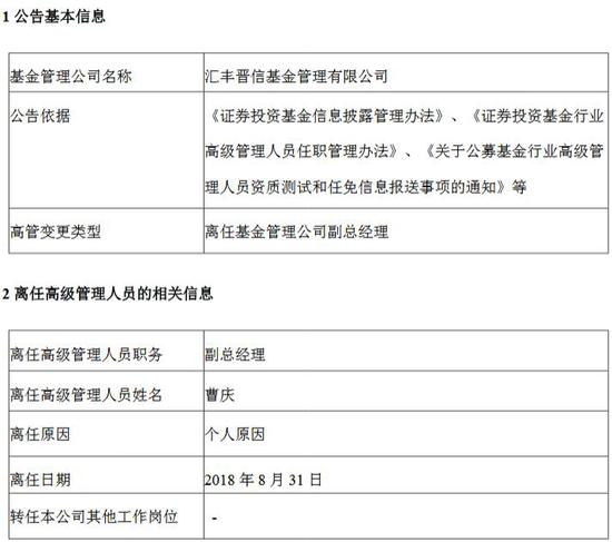 汇丰晋信副总曹庆因个人原因离职 卸任2产品基