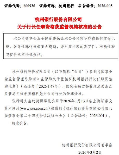 杭州银行:张精科行长任职资格获核准