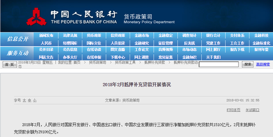 2018年3月1日,中国人民银行公布2月份抵押补充贷款(PSL)开展情况(来源:中国人民银行网站)