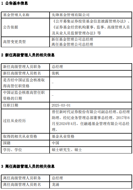 先锋基金迎来新高管：龙涌离任 新任张帆为总经理