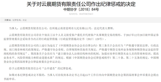 云晨期货以个人名义代理客户交易期货 遭中期协惩戒