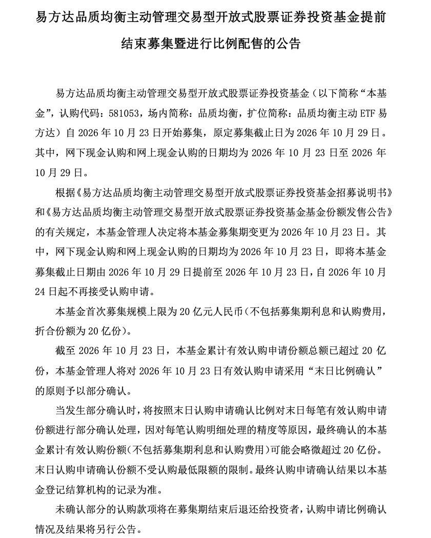 首日售罄！易方达品质均衡主动ETF触发比例配售，20亿上限一日募满