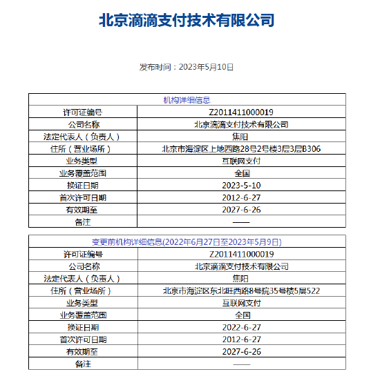 滴滴支付牌照信息变更 涉及调整营业场所