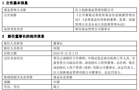 红土创新基金高管变更:新任何琨为董事长 冀洪涛不再代行职务