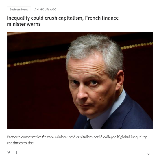 法国财政部长表示,如果全球不平等继续加剧,资本主义可能会崩溃。