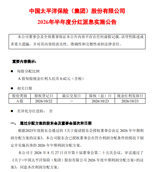 中国太保：拟于10月23日实施半年度权益分派，每股派利0.42元