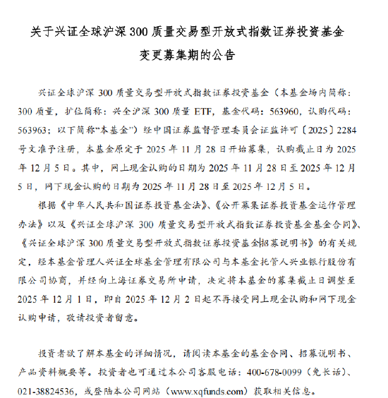 兴证全球沪深300质量ETF提前结束募集，募集结束日期从12月5日变更至12月1日截止认购