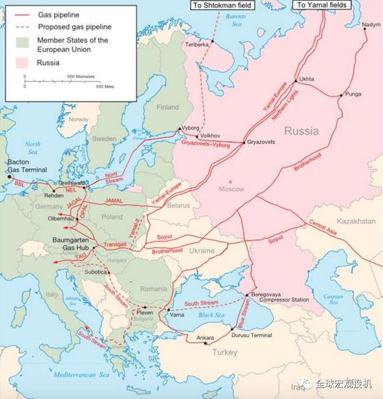 俄国的天然气管道分布图，数据来源：Gazprom