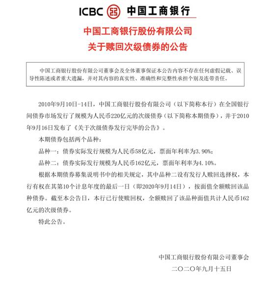 工商银行:全额赎回162亿元次级债券