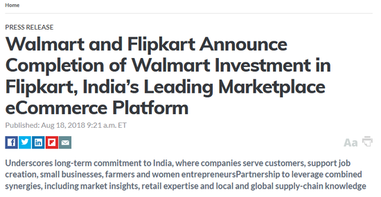 沃尔玛完成160亿美元投资印度Flipkart的交易
