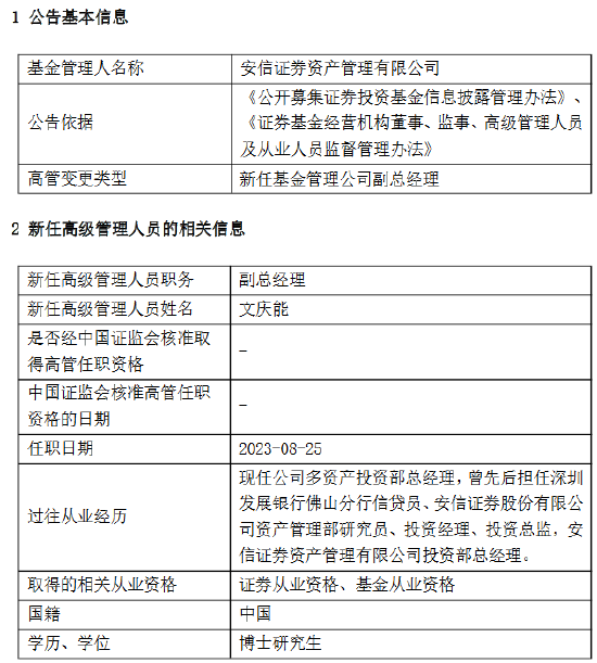 安信证券资产管理新任文庆能为副总经理 曾为安信证券投资总监