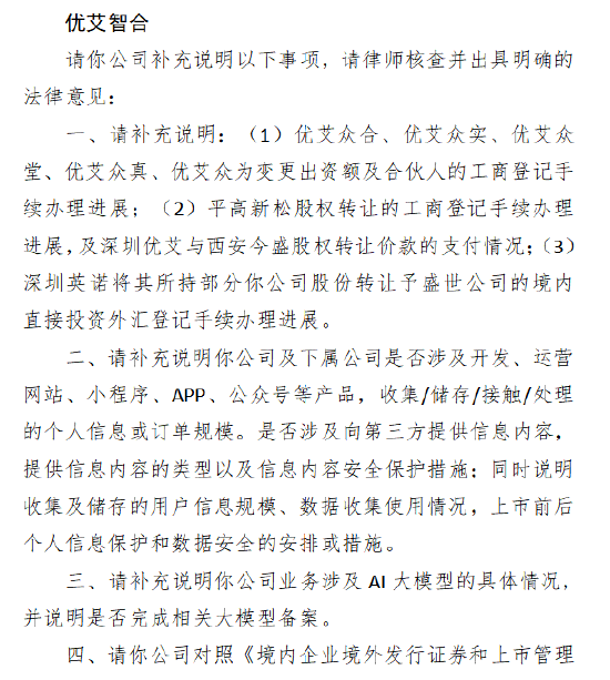 优艾智合港股IPO收到证监会备案反馈 涉及股权变动、数据安全等七大事项
