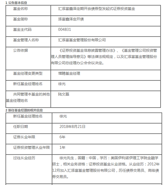 汇添富两只产品基金经理变更 增聘徐光为基金