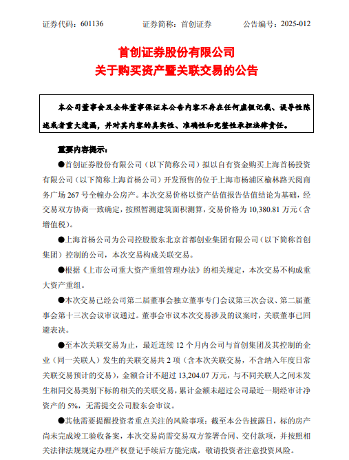 首创证券一季度净利下滑31% 拟斥资1亿元上海购楼