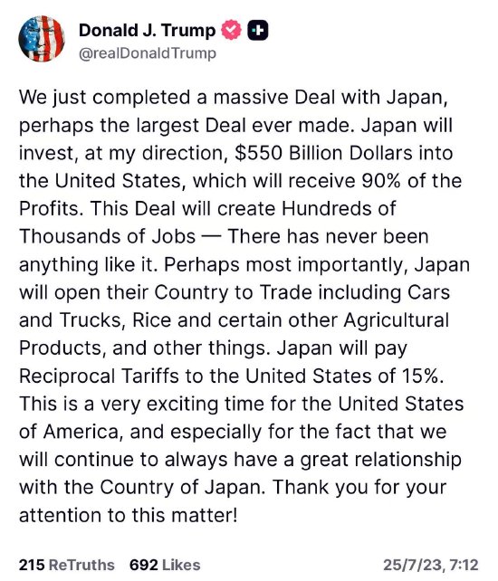 特朗普称与日本达成协议 对等关税税率定为15% 日元兑美元上涨 第1张 特朗普称与日本达成协议 对等关税税率定为15% 日元兑美元上涨 第1张