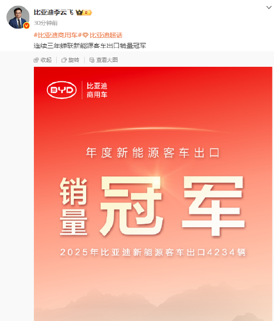 比亚迪连续三年蝉联新能源客车出口销量冠军