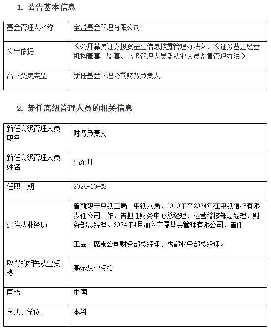 宝盈基金新任马东开为财务负责人  第2张