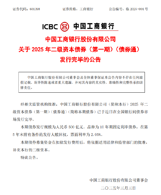 工商银行:完成发行500亿元二级资本债券 第1张 工商银行:完成发行500亿元二级资本债券 第1张