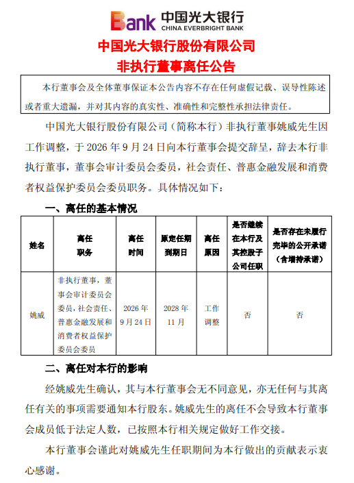 光大银行：非执行董事姚威因工作调整辞职