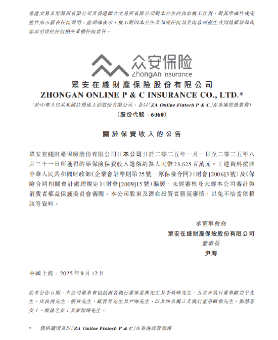 众安在线:2025年1-8月原保险保费收入约236.25亿元