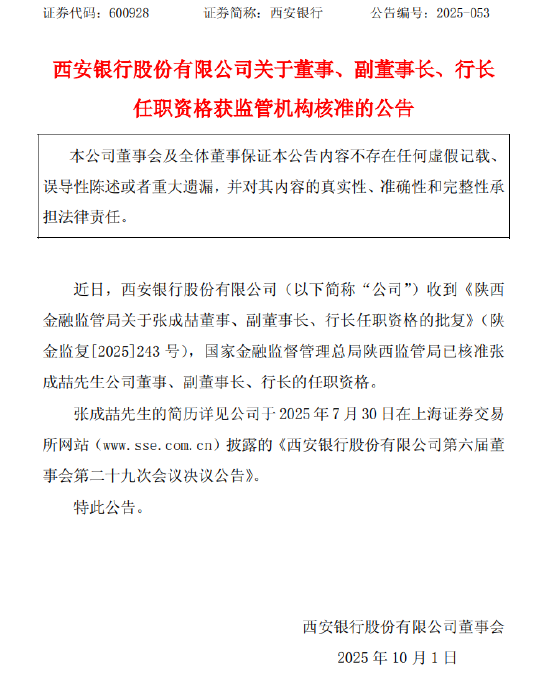 流年项链招财:测算塔罗占卜www.jixiangqiming.vip：-西安银行：张成喆董事、副董事长、行长任职资格获核准