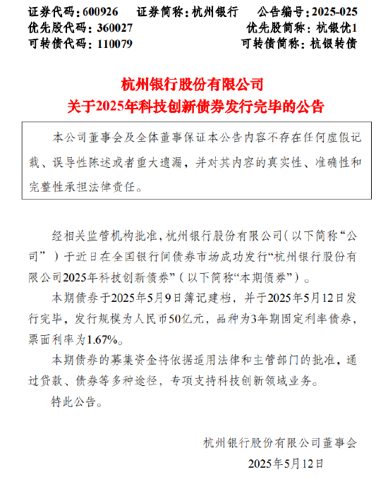 杭州银行:成功发行50亿元科技创新债券