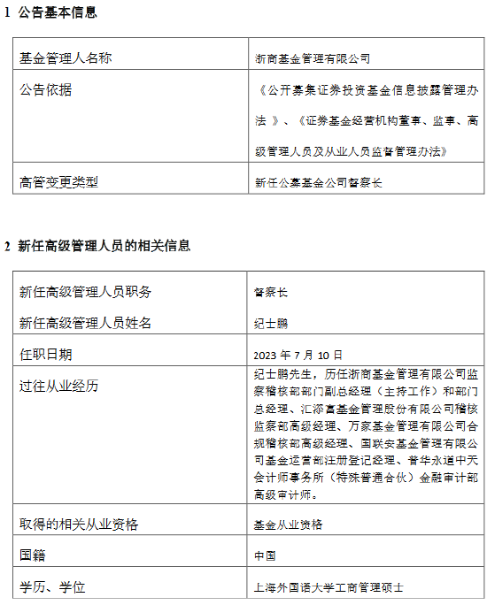 浙商基金新任纪士鹏为督察长 曾任职于汇添富、万家、国联安等公司