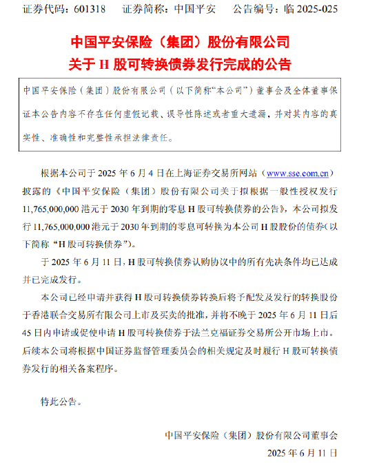 中国平安：H股可转换债券发行完成