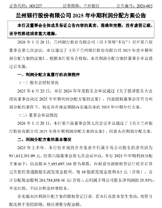 兰州银行：2025年半年度拟每10股派发现金股利0.5元（含税）