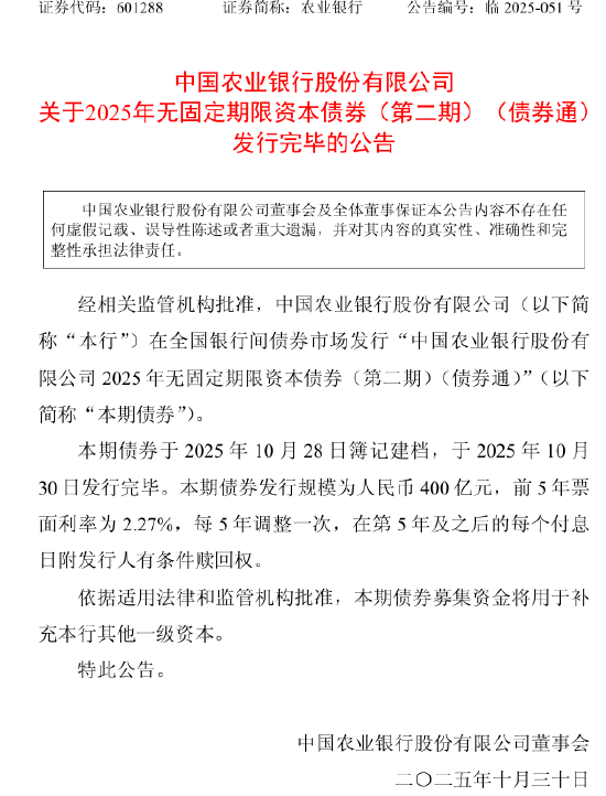 农业银行：400亿元无固定期限资本债券发行完毕