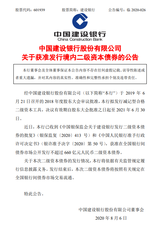 建设银行:获准发行不超过660亿元二级资本债券