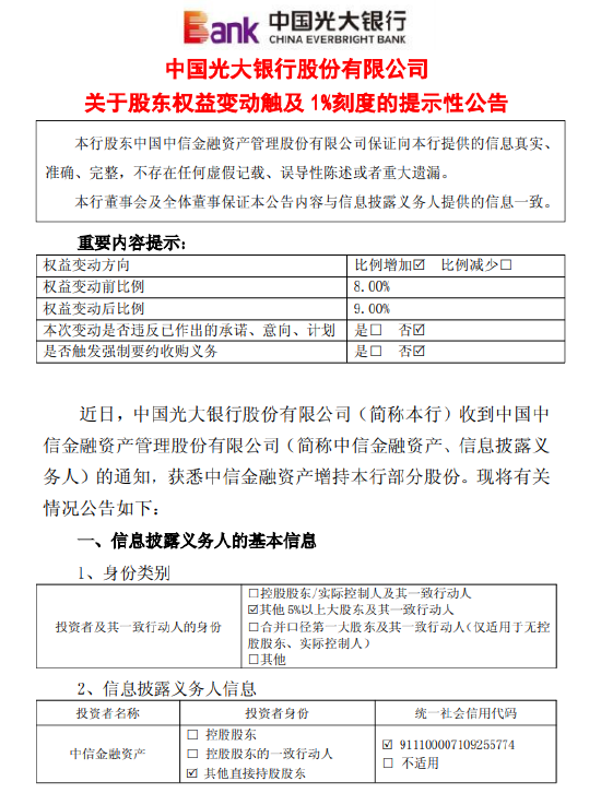 光大银行：中信金融资产7月24日至11月27日增持1%公司股份