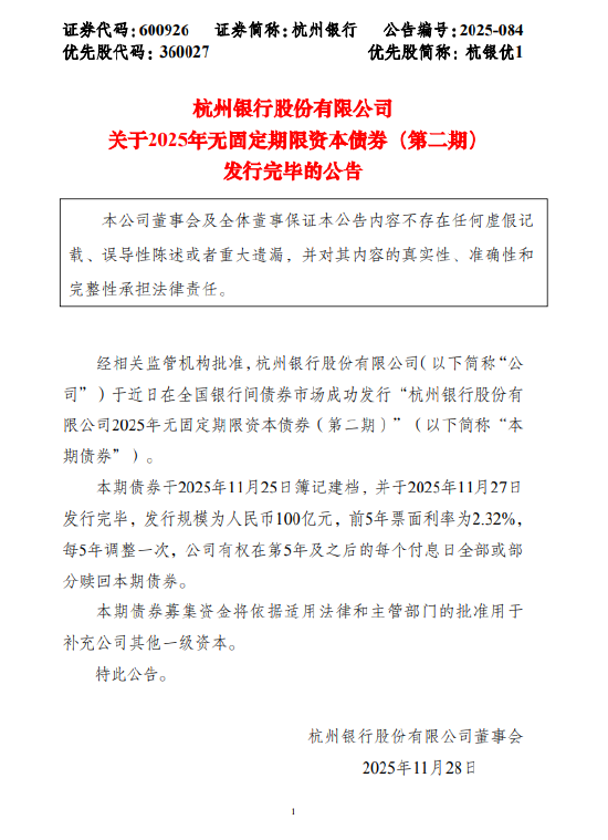 杭州银行：100亿无固定期限资本债券发行完毕