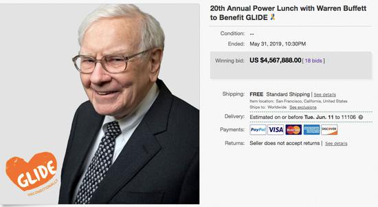 （圖爲巴菲特天價午餐最終成交價格）