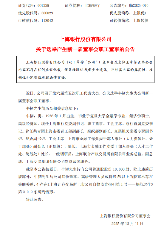 上海银行：选举牛韧为新一届董事会职工董事