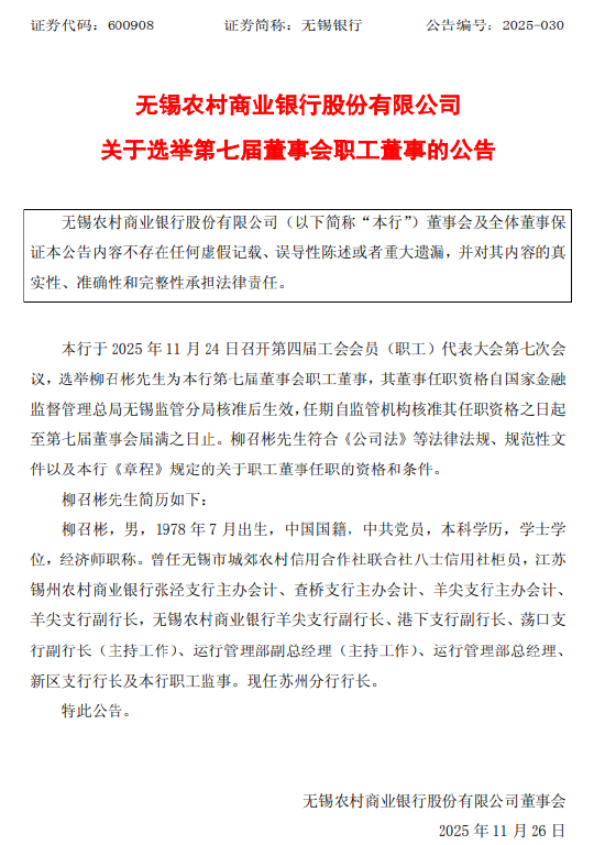 无锡银行：选举柳召彬为第七届董事会职工董事