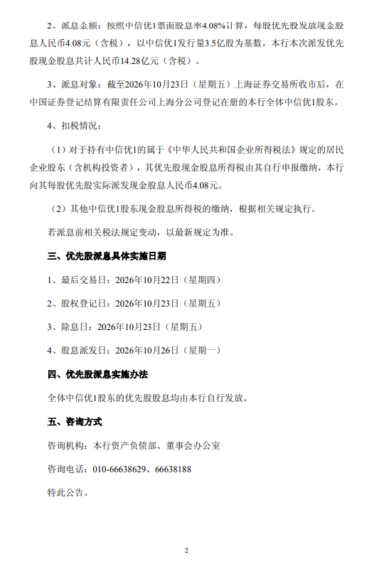中信银行：拟于10月26日派发优先股股息，每股发放4.08元