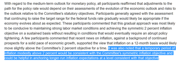 美联储FOMC的5月份会议纪要显示，可接受通胀短期适度地超过2%，认为这与对称的通胀目标一致，并能够有助于在一定水平上锚定与该目标一致的更长期的通胀预期。（来源：美联储，新浪财经整理）