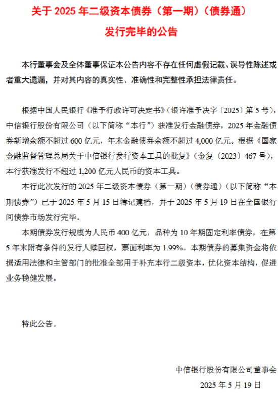 中信银行完成发行400亿元二级资本债券 第1张 中信银行完成发行400亿元二级资本债券 第1张
