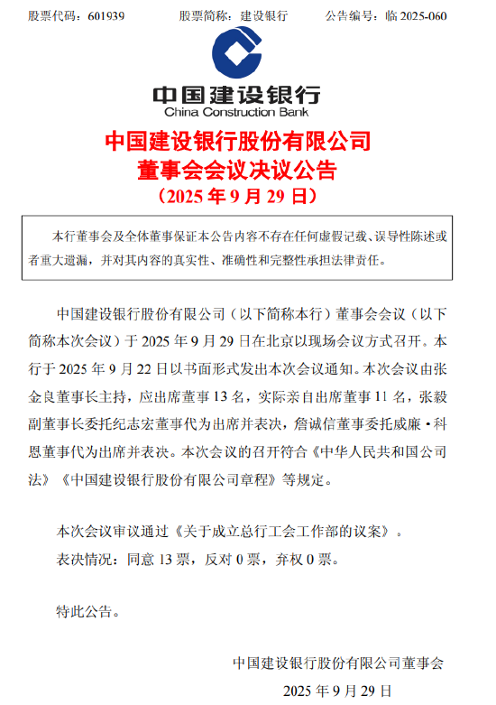 建设银行：董事会审议通过成立总行工会工作部议案