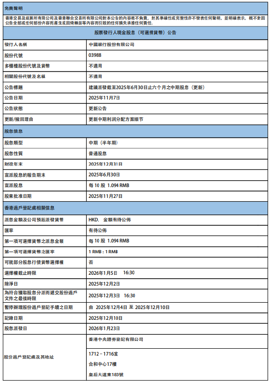 中国银行：将于2026年1月23日派发中期股息每10股1.094元