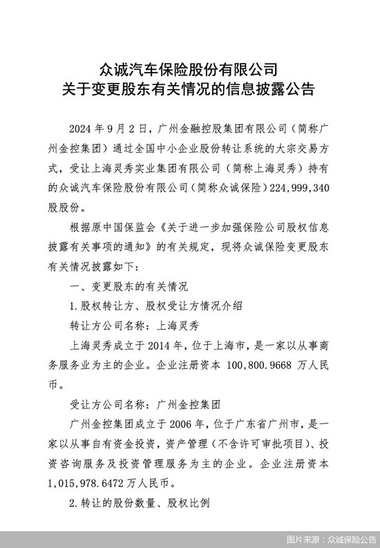 广州金控集团拟受让上海灵秀持有的众诚保险2.25亿股股份 第1张 广州金控集团拟受让上海灵秀持有的众诚保险2.25亿股股份 第1张