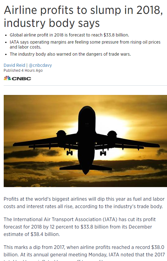 航空业表示2018年航空公司利润将大幅下滑