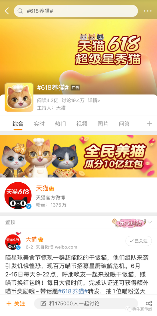 微博#618养猫#话题,执牛耳截图