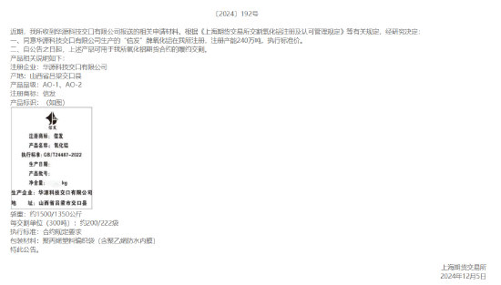 上期所:同意华源科技交口有限公司生产的“信发”牌氧化铝在我所注册