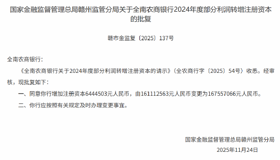 全南农商行2024年度利润转增注册资本获批 增资后注册资本达1.675亿元