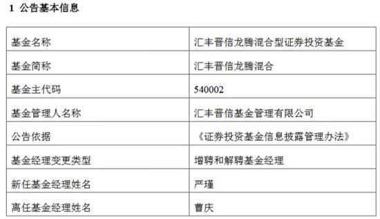 汇丰晋信副总曹庆因个人原因离职 卸任2产品基