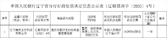 辽宁新天支付科技被罚3万元：违反非银行支付机构监督管理规定