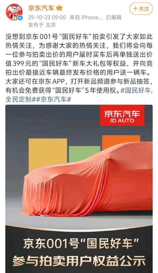 京东001号“国民好车”拍出7819万天价,京东汽车回应